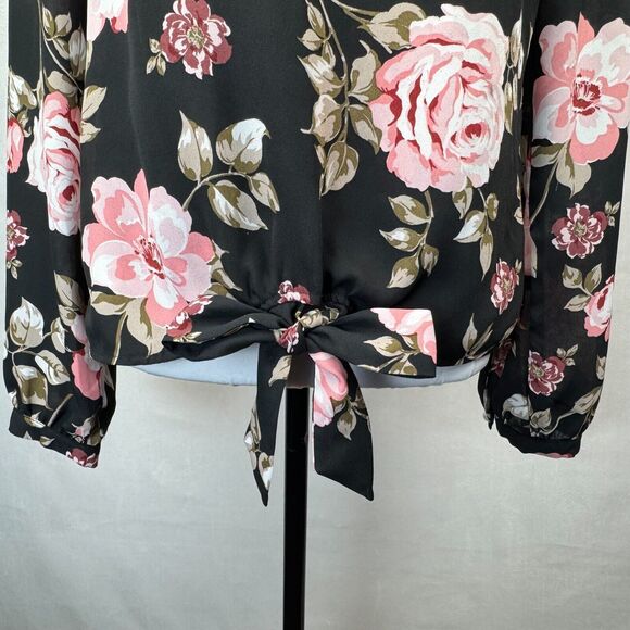 Guess Women Top Sz M Black Red Floral Print VNeck Front Waist Tie Cuffed Sleeves - Picture 3 of 9